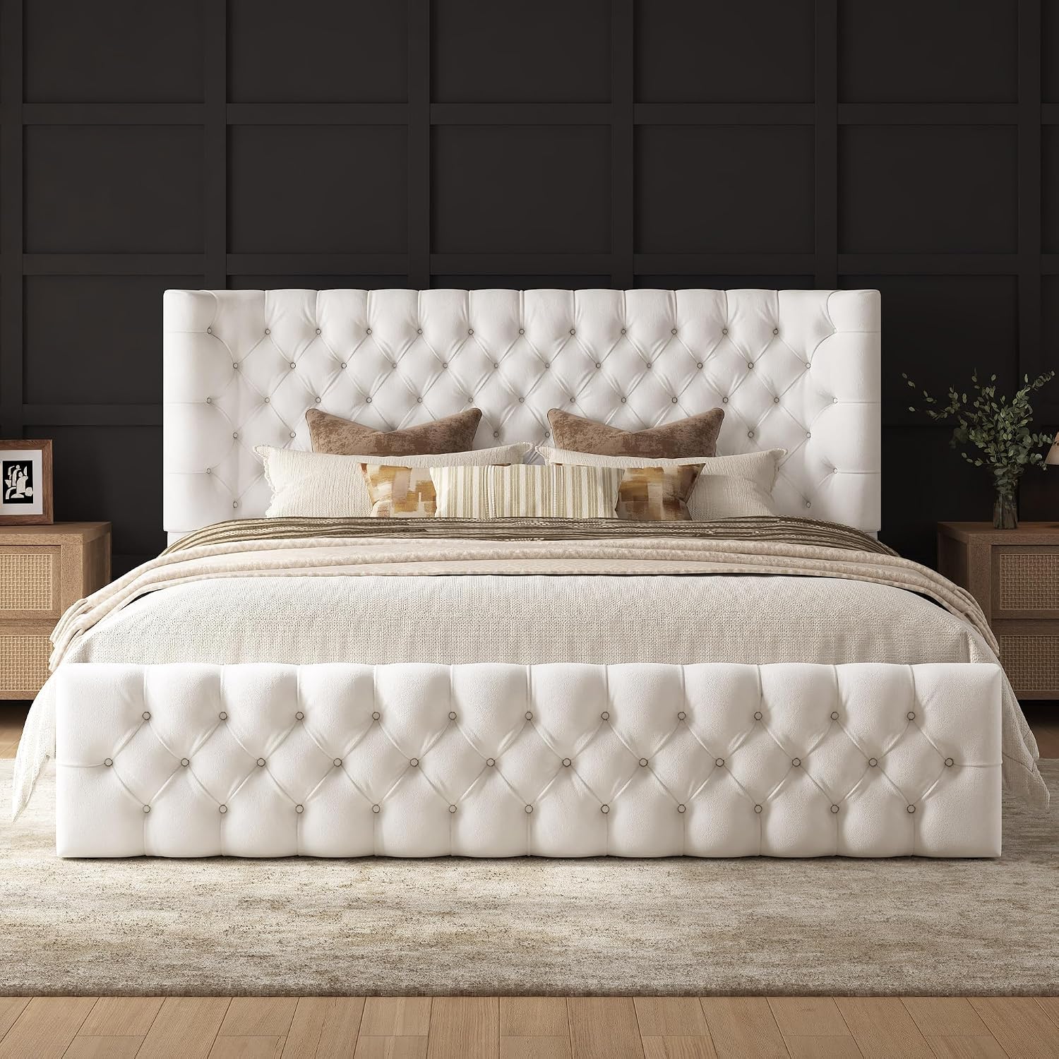 AMERLIFE Upholstered Queen Bed Frame with Wingback Headboard, Cream Velvet