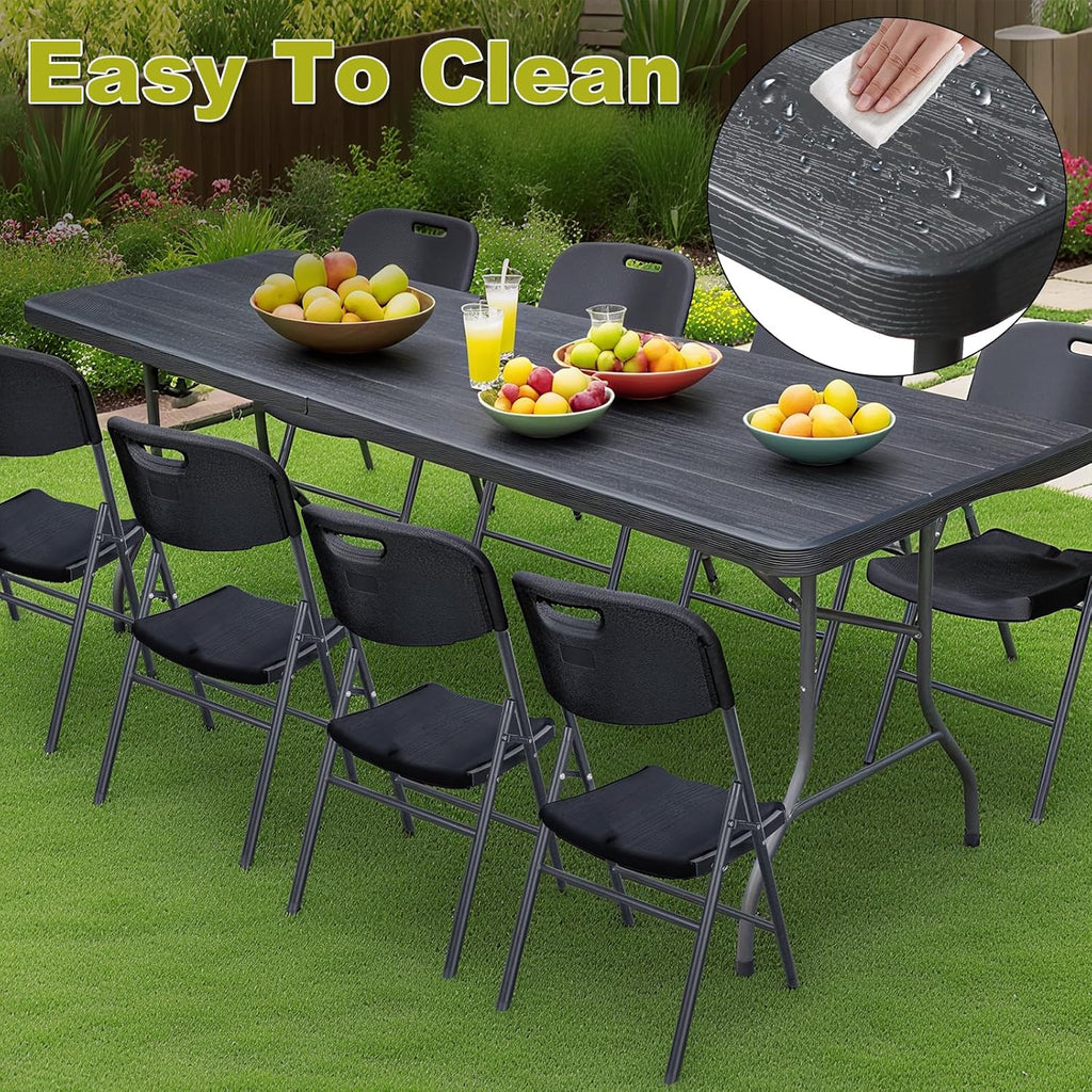 8ft Folding Table, Portable Heavy Duty Plastic Fold-in-Half Utility Table for Indoor/Outdoor Use, Dining, Camping, Picnic, Party, Black Woodgrain