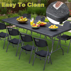 8ft Folding Table, Portable Heavy Duty Plastic Fold-in-Half Utility Table for Indoor/Outdoor Use, Dining, Camping, Picnic, Party, Black Woodgrain