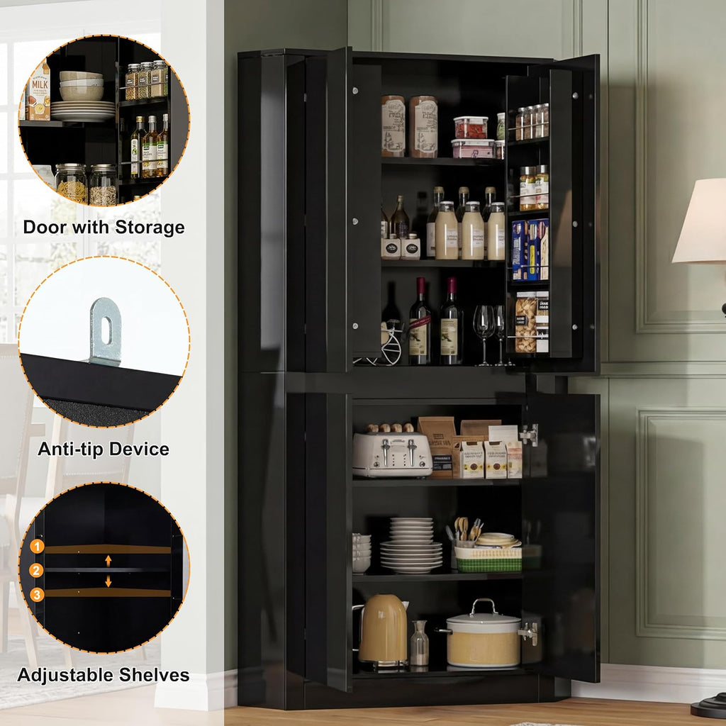 Anbuy 67'' Tall Pantry Cabinet with Led Light, Corner Pantry Cabinet with 4 High Gloss Doors and Adjustable Shelves, Space Saving Storage Cabinet for Food Hutch for Kitchen, Living Dining Room(Black)
