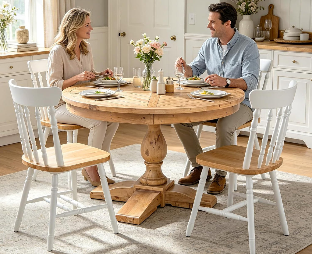 47" Round Dining Table with Wooden Pedestal Base, Reclaimed Pine Wood Dinner Table for 4, Heavy Duty Pedestal Table for Kitchen/Dining Room/Living Room/Restaurant, Natural