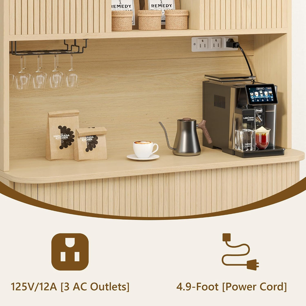 71'' Modern Kitchen Pantry Cabinet with Sliding Tambour Doors& Adjustable Shelves, Built-in Power Outlet, Food Storage Cabinet (Wood Color)