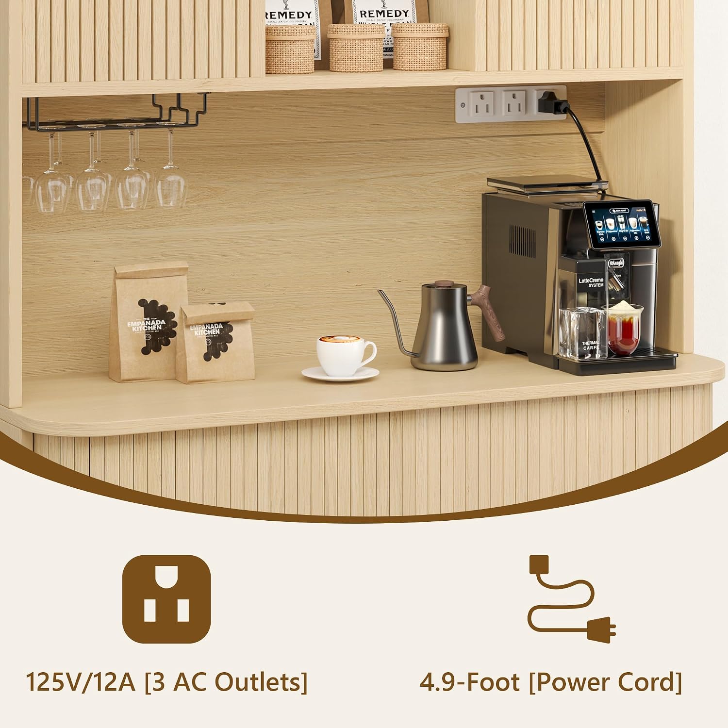 71'' Modern Kitchen Pantry Cabinet with Sliding Tambour Doors& Adjustable Shelves, Built-in Power Outlet, Food Storage Cabinet (Wood Color)