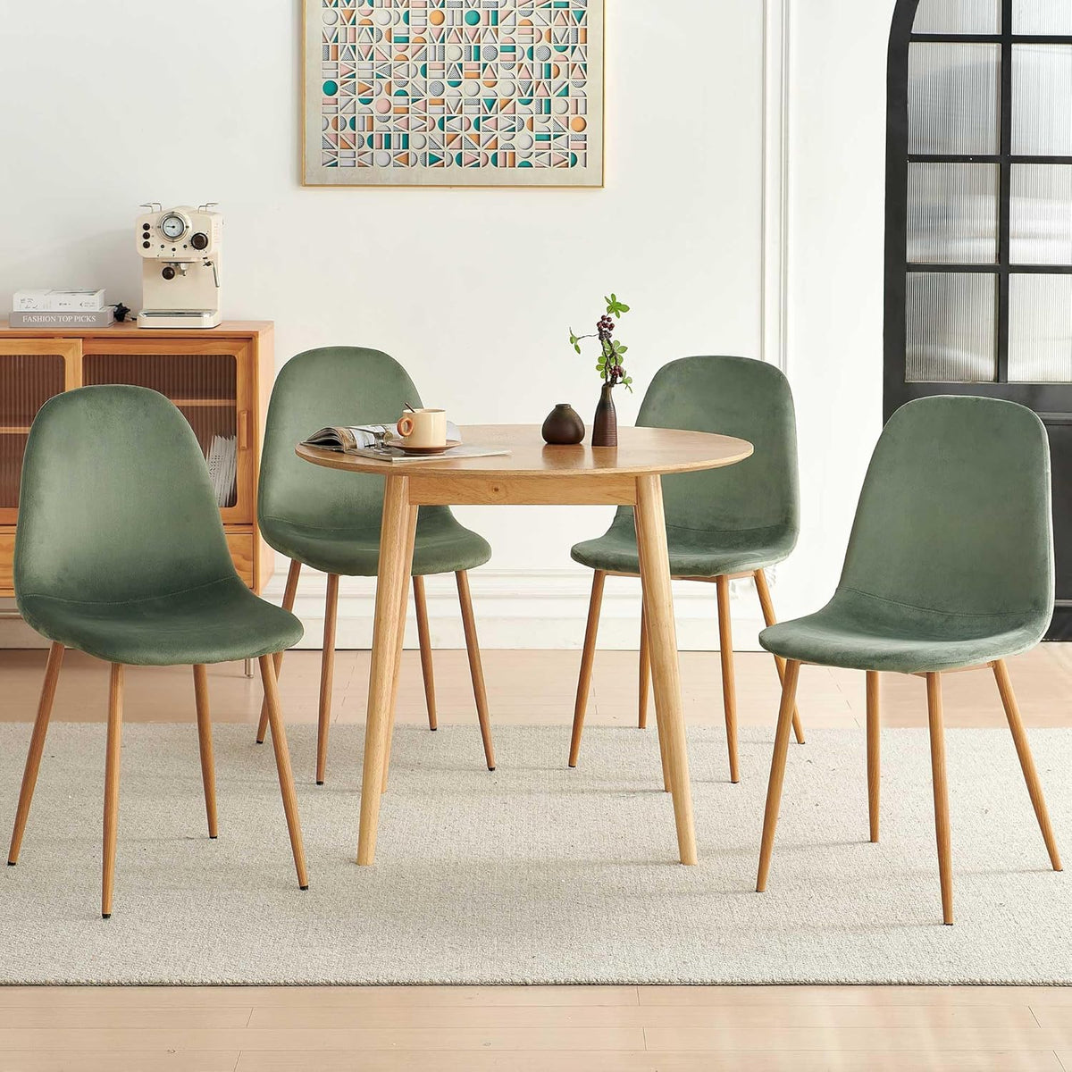 Small Oak Round Dining Table Set for 4, Modern 35'' Kitchen Coffee Table with 4 Green Velvet Dining Chairs for Dining Room Apartment