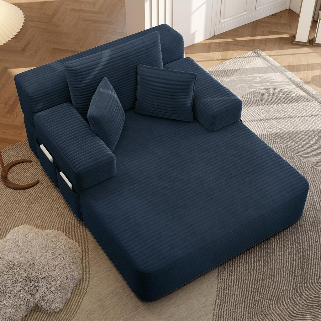 Chaise Lounge Chair Indoor, 60" Oversized Sleeper Couches W/Foldable Armrest Cloud Corduroy Upholstered Reading Chairs Floor Sofa Bed for Living Room No Assembly, Blue