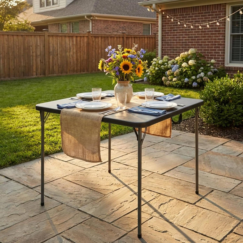 34" Square Folding Table for 4 Person, 330lbs Weight Capacity Foldable Table with HDPE Tabletop & Heavy-Duty Steel Legs, Large Portable Picnic Table for Indoor Outdoor Parties, Camping, Black