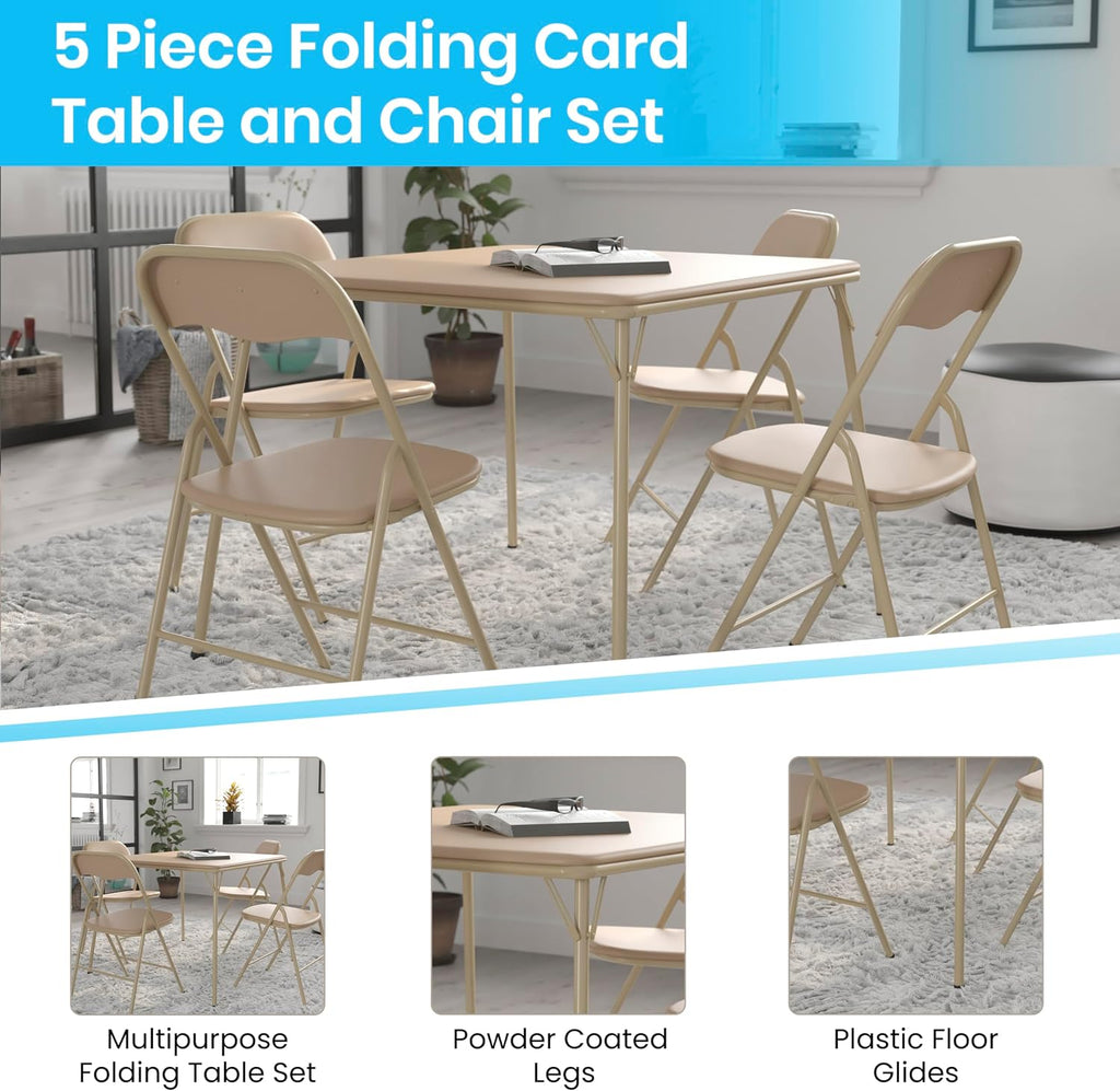 EMMA + OLIVER Tan Square Folding Card Table and Chairs Set for 4 Players | Lightweight, Easy Storage, Padded Top
