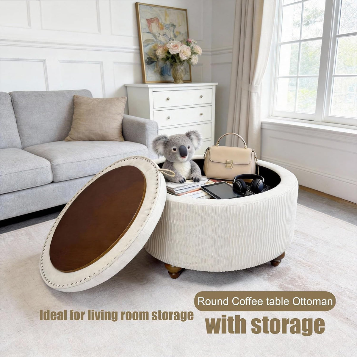 modscape 30 inch Round Storage Ottoman Coffee Table with Lift Off Lid | Modern upholstered ottoman perfect for coffee table, footrest,extra seat. Large hidden storage for living room, bedroom