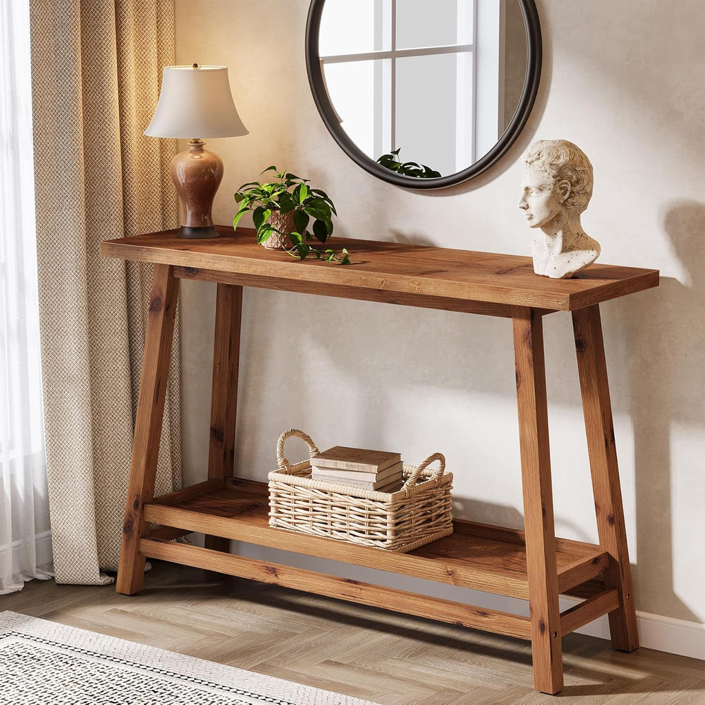 41.3" Farmhouse Console Table, Solid Wood Entryway Table with Storage Shelf, 2 Tiers of Narrow Behind Couch Sofa Furniture for Living Room, Hallway, Foyer, Easy Assembly