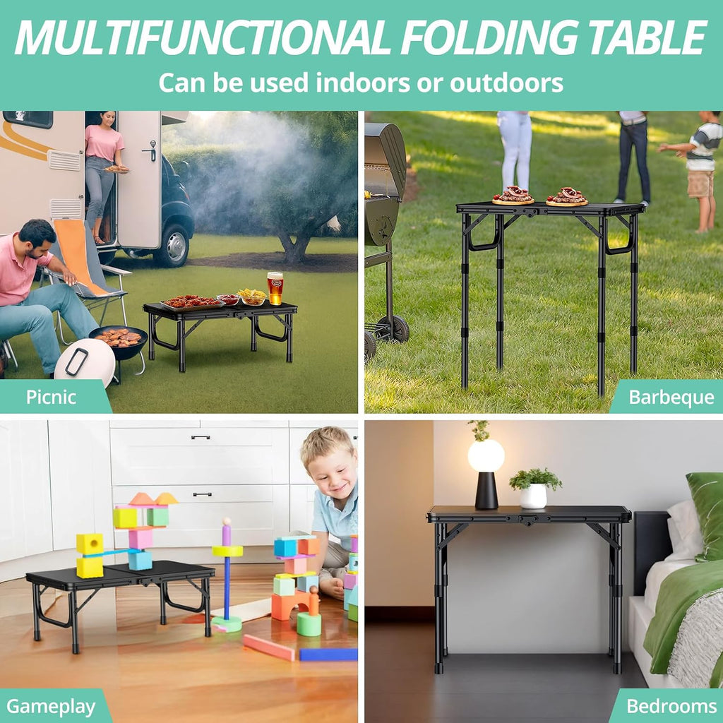 VINTEAM Camping Folding Table with Adjustable Height, Lightweight Portable Outdoor Picnic Table, BBQ Grill Side Table, Durable Aluminum Frame, MDF Desktop for Camping, Fishing, RV, Beach (Black) | Max Load 30kg MDF Surface Easy to Clean, Lightweight