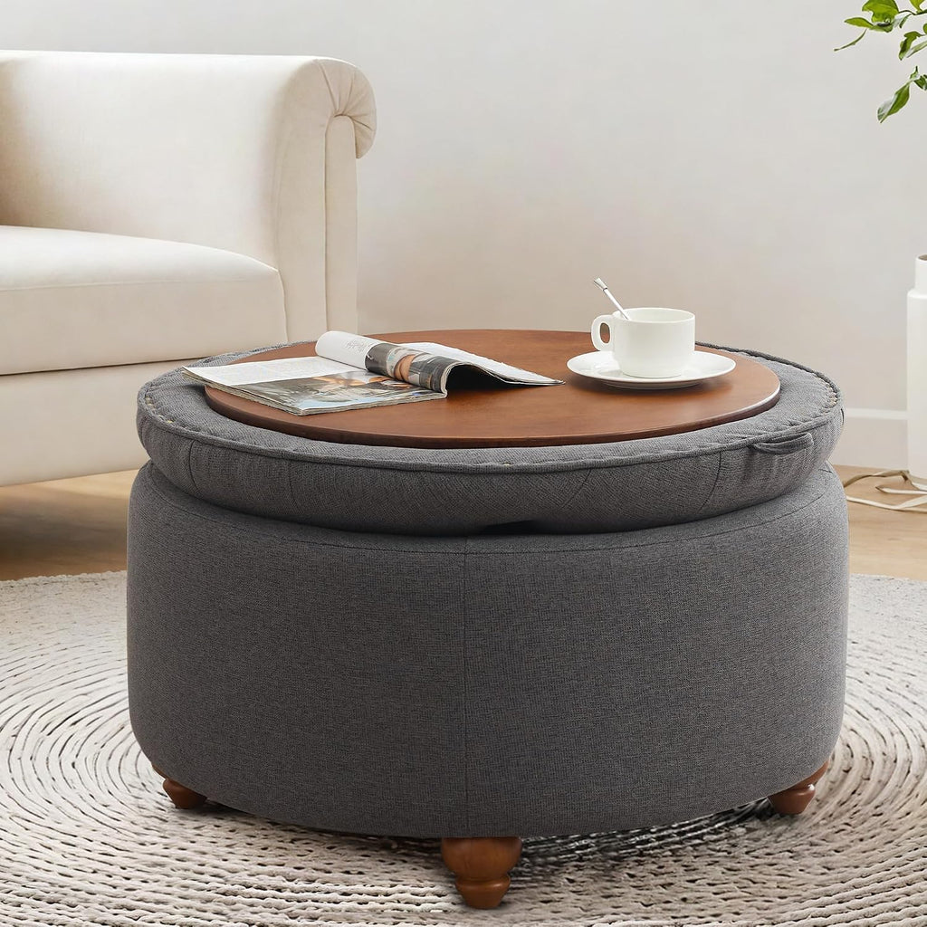 24'' Round Ottoman Coffee Table with Storage, Upholstered Tufted Ottoman with Flip Tray, Solid Wood Legs for Living Room, Bedroom, Dark Grey