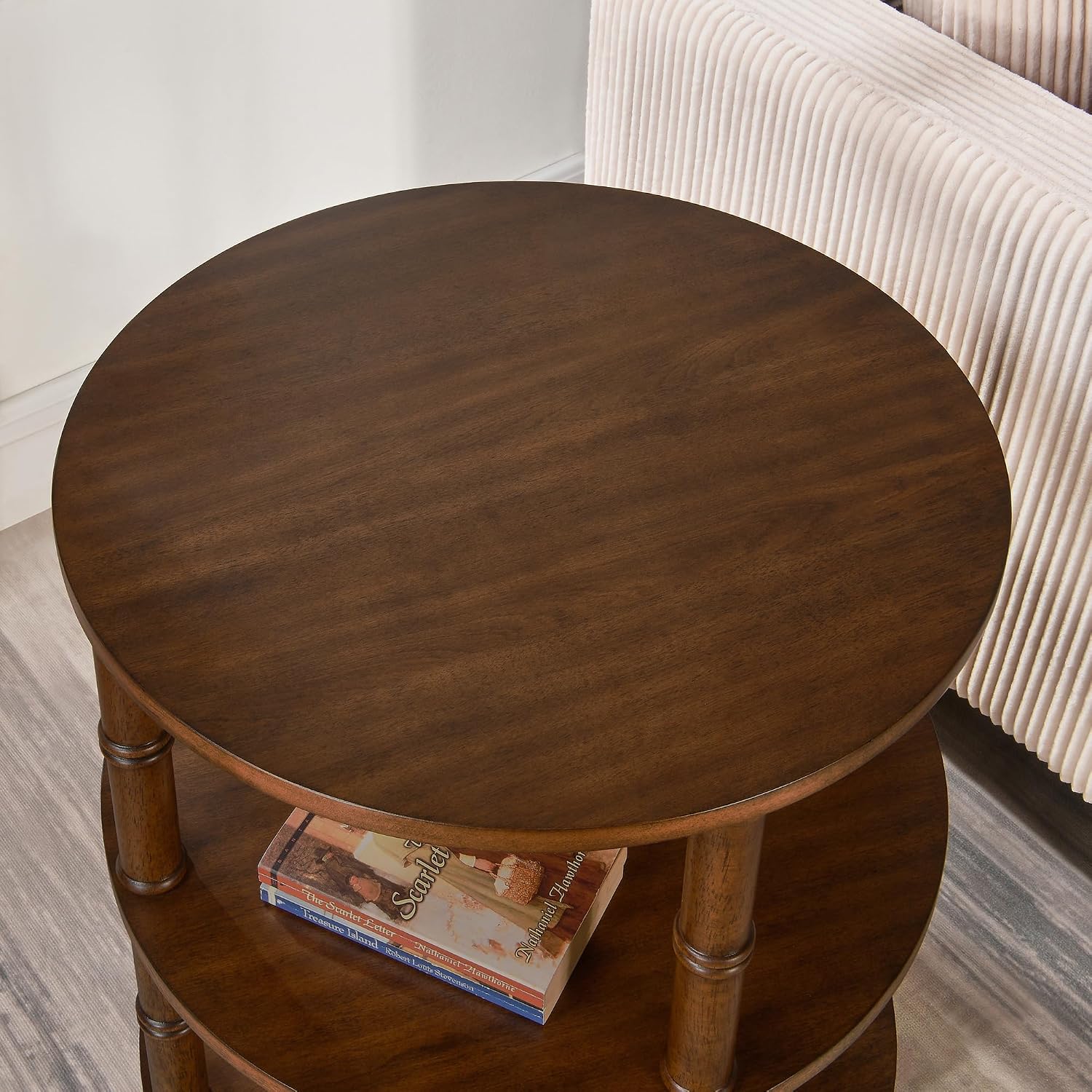 Round End Table with Storage Shelf, 19.7" High Sofa Side Table- with Bamboo Design, 3-Tier Beside Tables, Modern Telephone Tables- for Living Room, Corner, No-Tools Assembly, Walnut YBZ-D4166-LWA