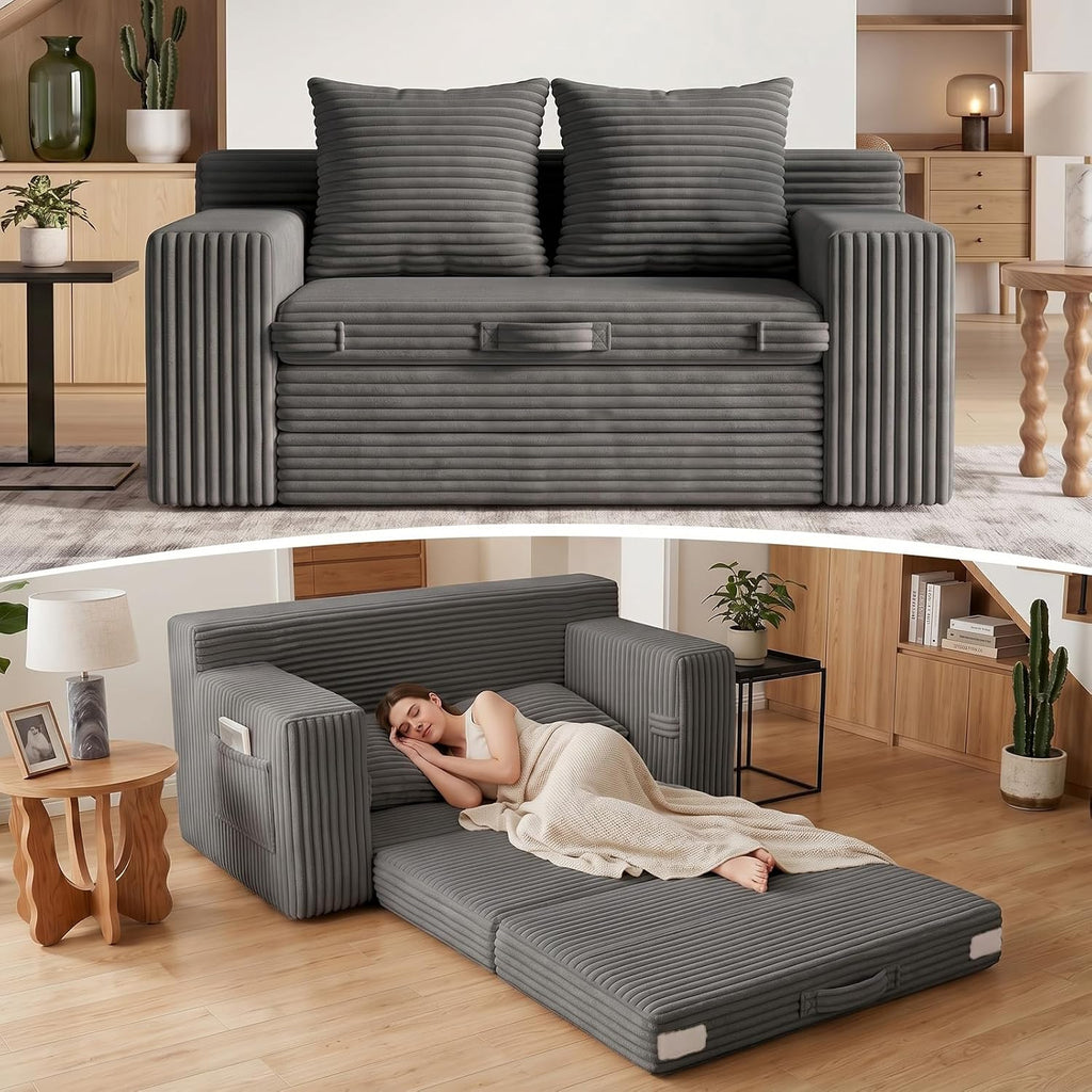 Loveseat Sofa Bed, Tri-Folding Convertible Futon Sleeper with Handle & Side Pockets, 54'' Couch with Hook and Loop No Assembly for Small Space,Living Room & Bedroom