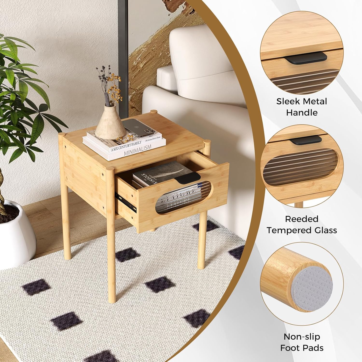 Giantex Bamboo Nightstand Set of 2, Mid Century Modern Bedside Table with Tempered Glass Decorated Drawer, Boho End Table for Bedroom, Living Room and Small Spaces, 16" L x 16" W x 20" H, Natural