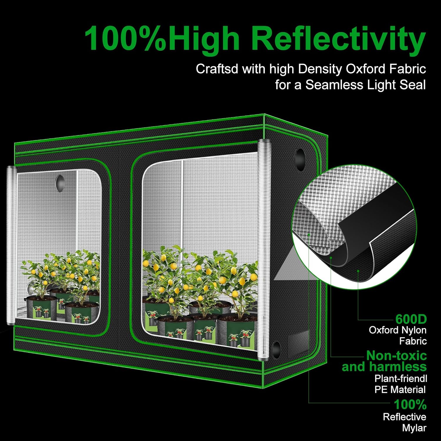MELONFARM 4x8 Grow Tent, 96"x48"x80" High Reflective 600D Diamond Mylar Canvas with Observation Window and Floor Tray for Hydroponic Indoor Plant Growing