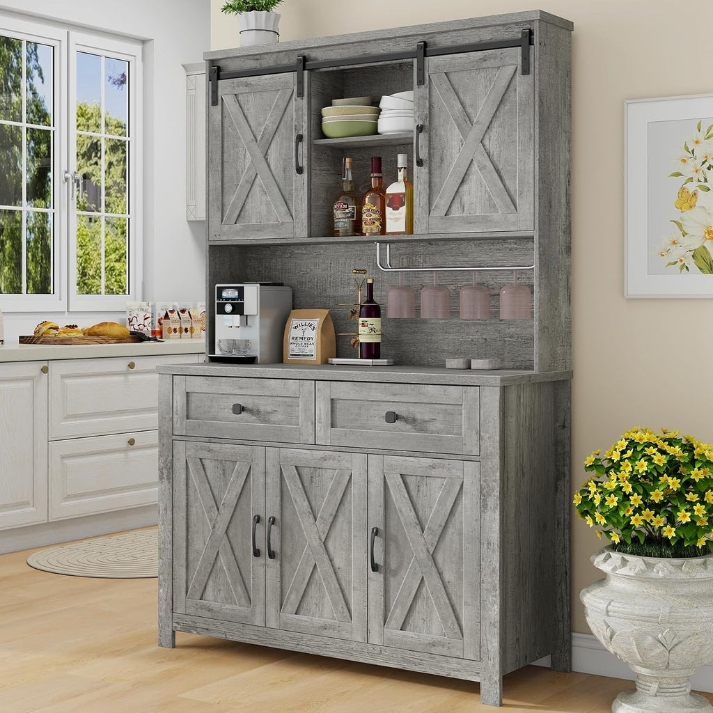 Vabches 67.7 Inch Farmhouse Pantry Storage Cabinet with Sliding Barn Doors, 2 Drawer Farmhouse Coffee Cabinet with Adjustable Shelf, Side Board with Buffet Cupboard for Kitchen, Livingroom.Gray