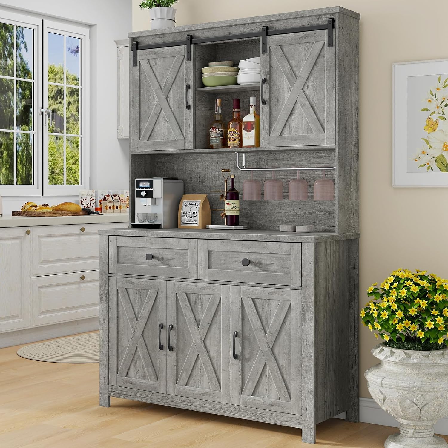 Vabches 67.7 Inch Farmhouse Pantry Storage Cabinet with Sliding Barn Doors, 2 Drawer Farmhouse Coffee Cabinet with Adjustable Shelf, Side Board with Buffet Cupboard for Kitchen, Livingroom.Gray