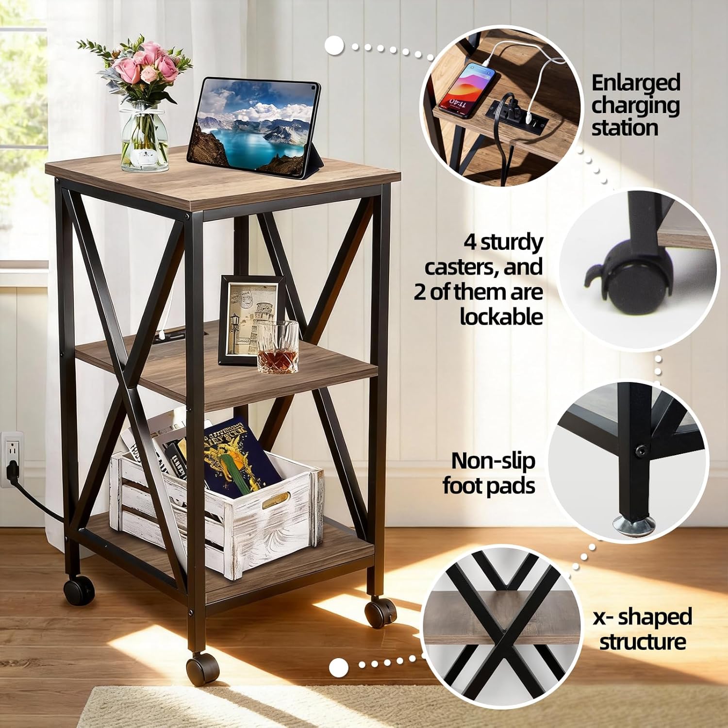 End Tables Living Room Set of 2, Square End Table with Charging Station, 16" D X 16" W X 28" H, Wood and Metal Table with USB Ports and Outlets, Side Table with Wheels for Living Room, Bedroom, Grey