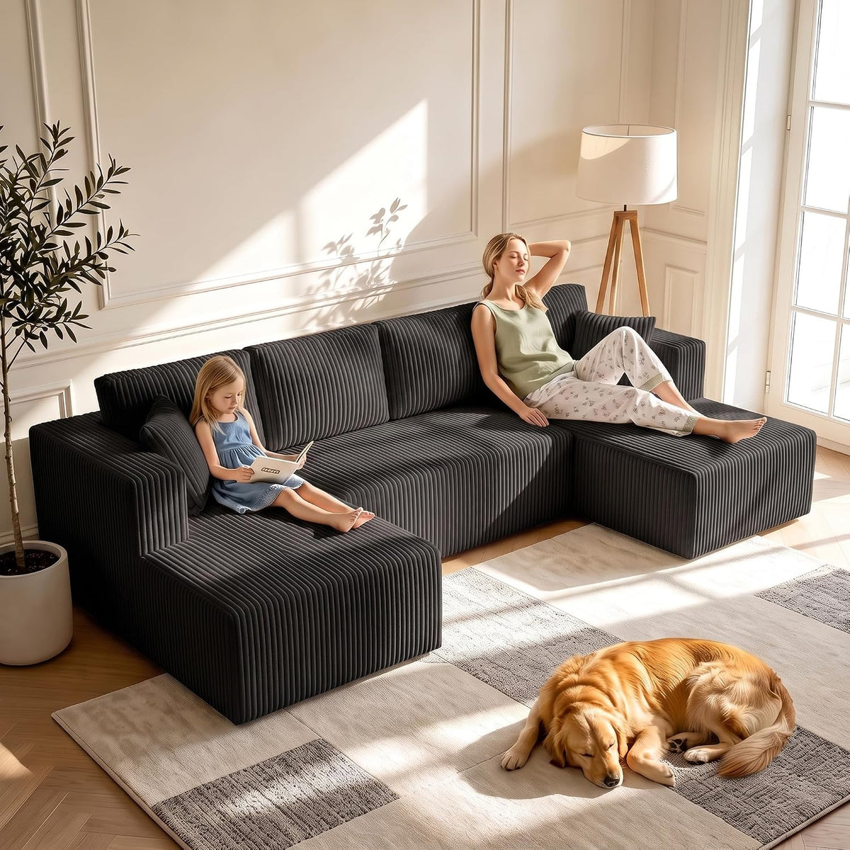 130" Couch U-Shaped Sectional Sofa, Black | Corduroy Cloud Couch with Double Chaise, 30D Memory Foam, Compressed Sofa for Living Room, No Assembly Required
