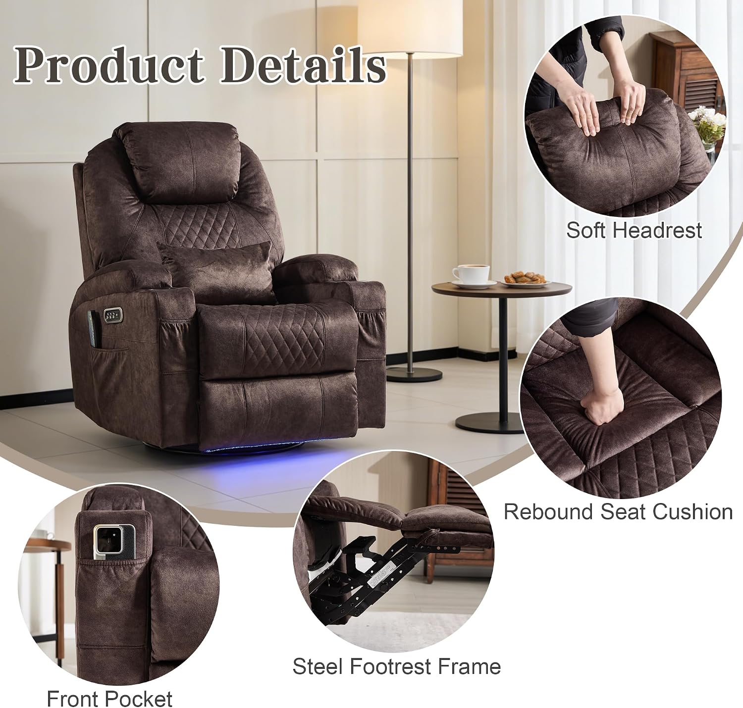 AHMED Dual Motor Power Swivel Rocker Recliner Chair, Velvet Brown | Electric Glider Rocking Chair, Massage & Heat, Cup Holders, LED Lights, USB A/USB C Ports