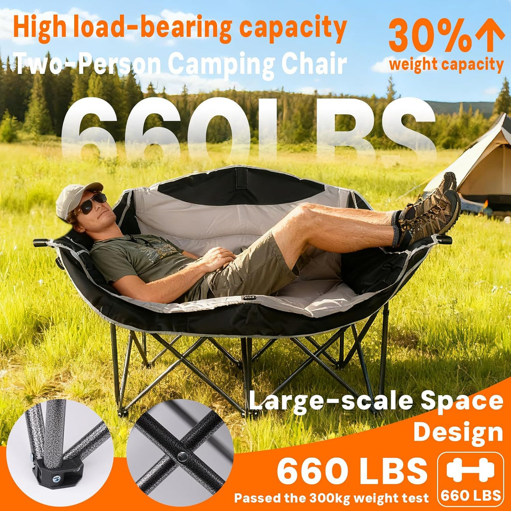 Double Camping Chair 2 Person Oversized Heavy Duty Padded Outdoor Folding Loveseat with Dual Cup Holders for Lawn Beach