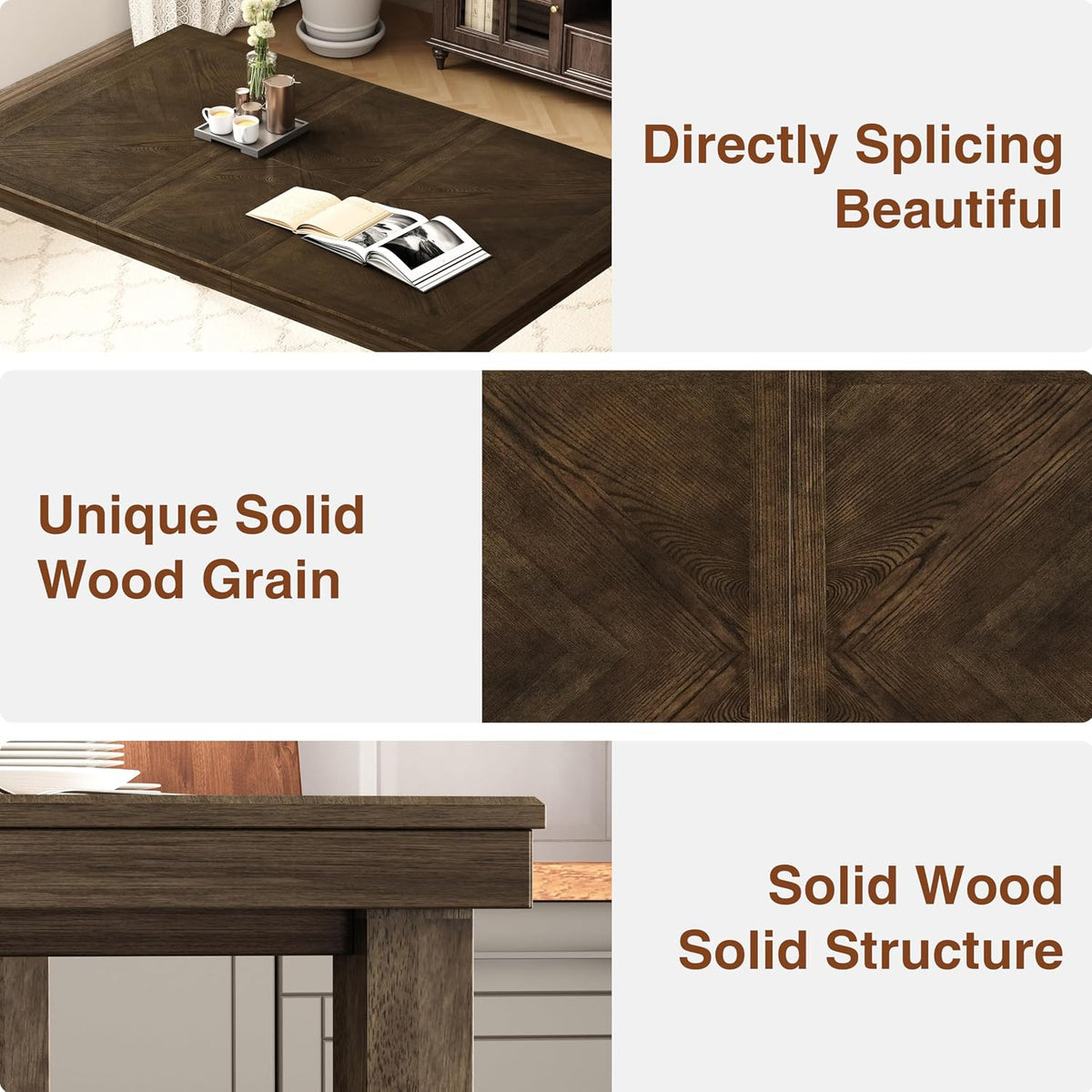 47.2in-63in Solid Wood Extendable Dining Table for 4-8, Unique Wood Grain, Modern Farmhouse Kitchen Dining Table for Small Spaces, Dining Room, Kitchen, Living Room