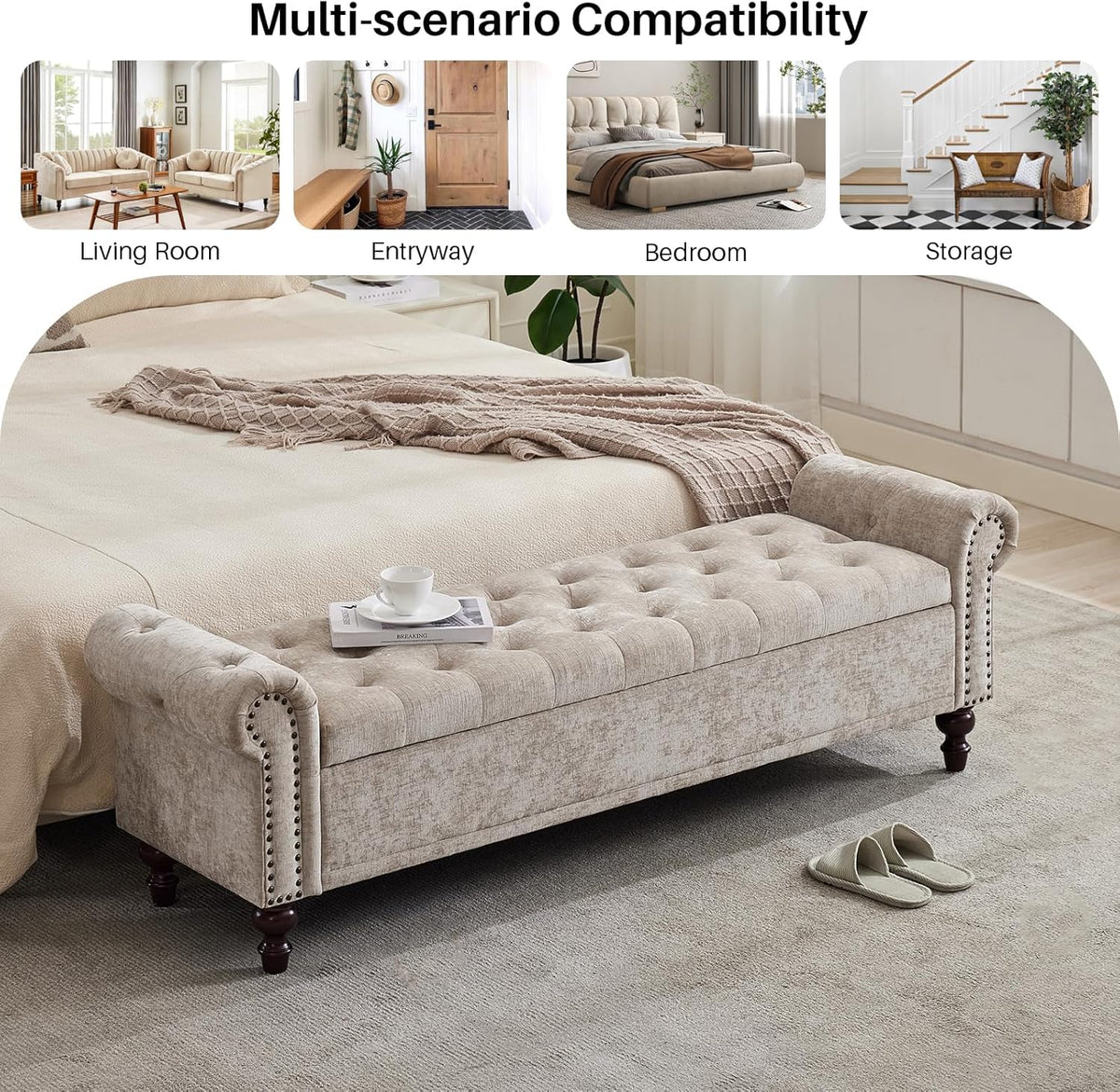 SOFTHION Storage Bench for Bedroom, 67" End of Bed Bench King Size, Upholstered Chenille Storage Ottoman with Tufted Cushioned Rolled Arm Large Storage Space for Living Room Entryway, Light Brown