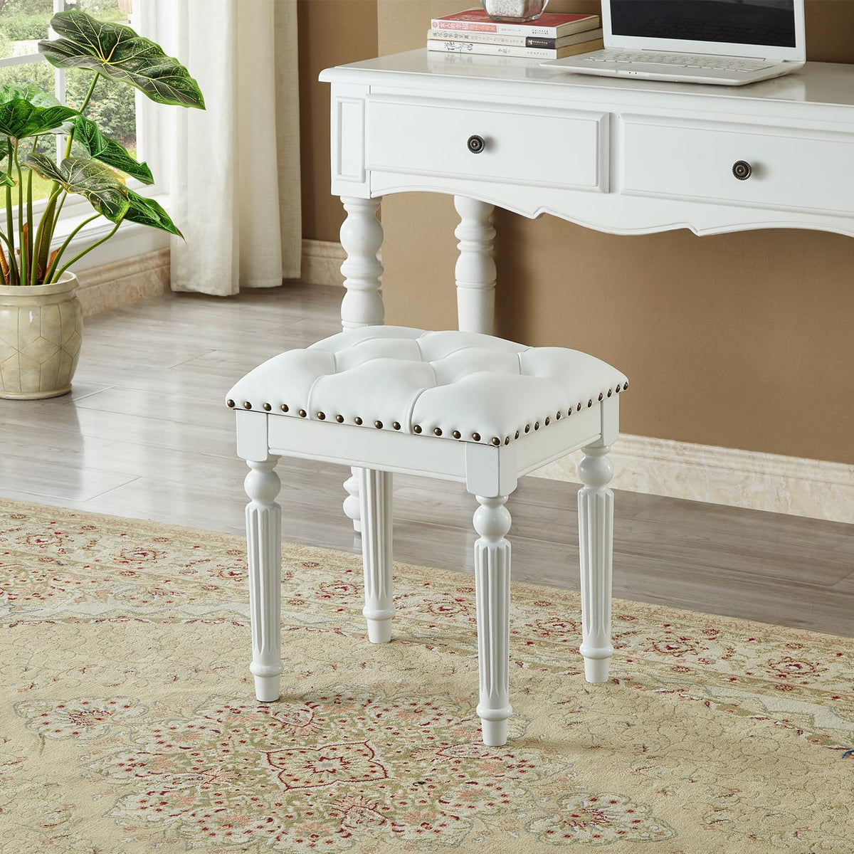 Vanity Bench Stool with Microfiber Leather Cushion, Vanity Chair Ottoman Dressing Stool with Solid Wood Legs for Bedroom, Makeup Room, Dressing Room, Easy Assembly (White)