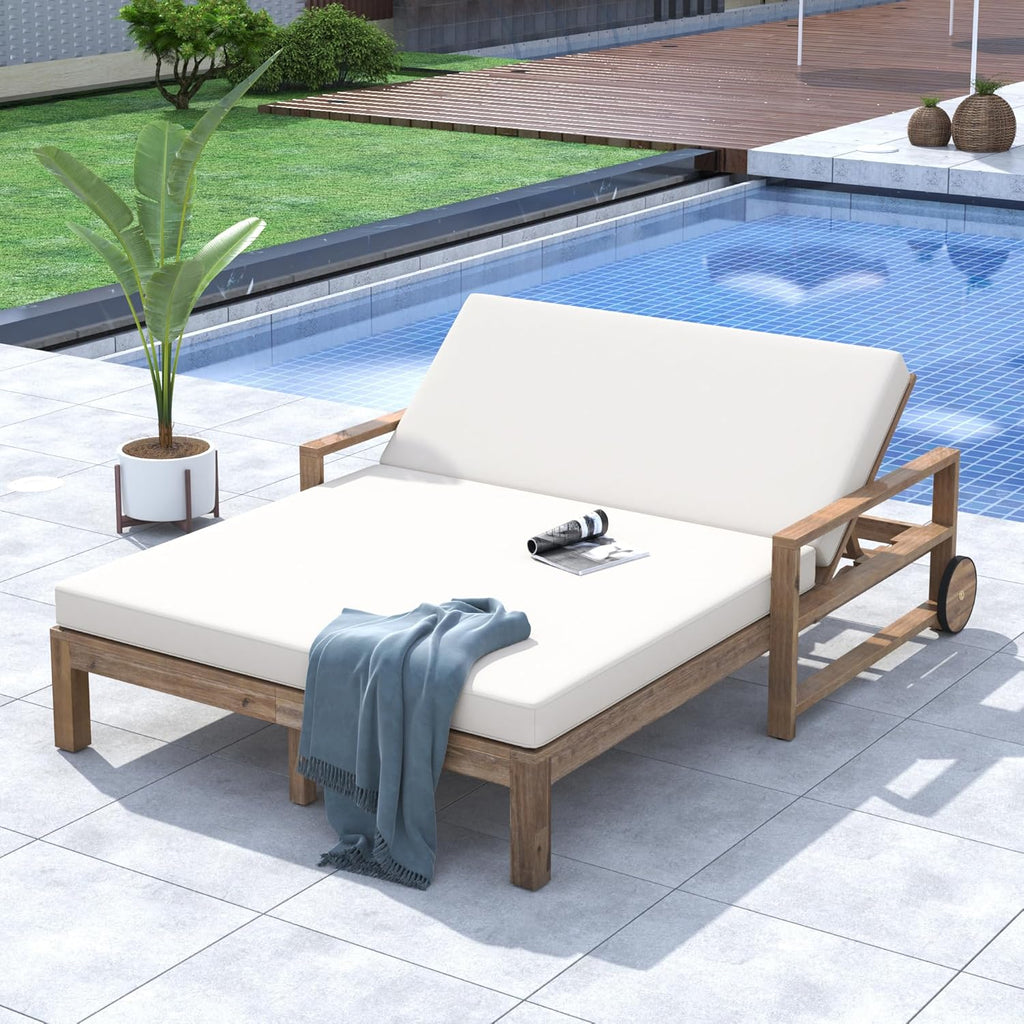 Merax Acacia Wood Outdoor Daybed Sofa, Farmhouse Patio Sun Lounger with Adjustable Backrest, High-Density Cushions & Removable Wheels, Weather Resistant for Garden, Poolside, Backyard, Beige