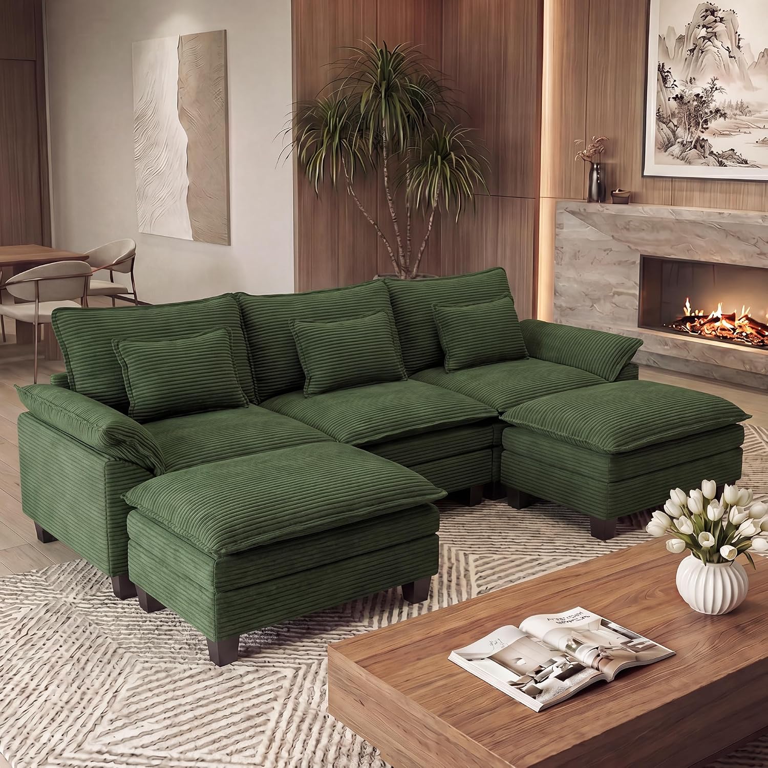 URRED Oversized Modular Sectional Sofa，Solid Green：122" U Shaped | Modern Comfy Cloud Couch with Movable Ottoman and Pillow, Deep Seat Couches for Living Room, Bedroom or Apartment