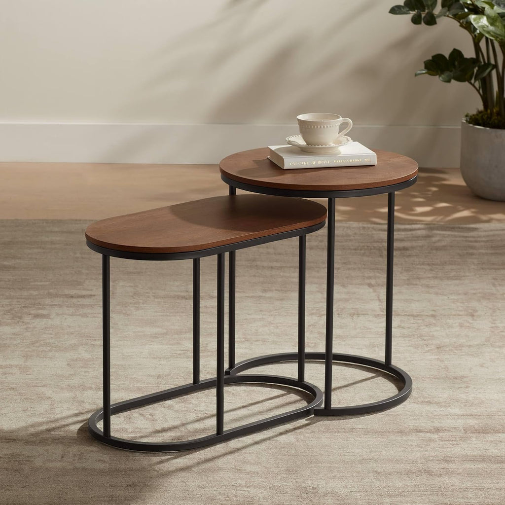 Studio 55D Santa Maria Modern Industrial Set of 2 Small Walnut Round Circle Oval Nesting Wood Black Metal Frame Accent Coffee Couch Side End Tables Living Room Decor Furniture Bedroom Home Office