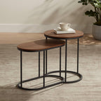 Studio 55D Santa Maria Modern Industrial Set of 2 Small Walnut Round Circle Oval Nesting Wood Black Metal Frame Accent Coffee Couch Side End Tables Living Room Decor Furniture Bedroom Home Office