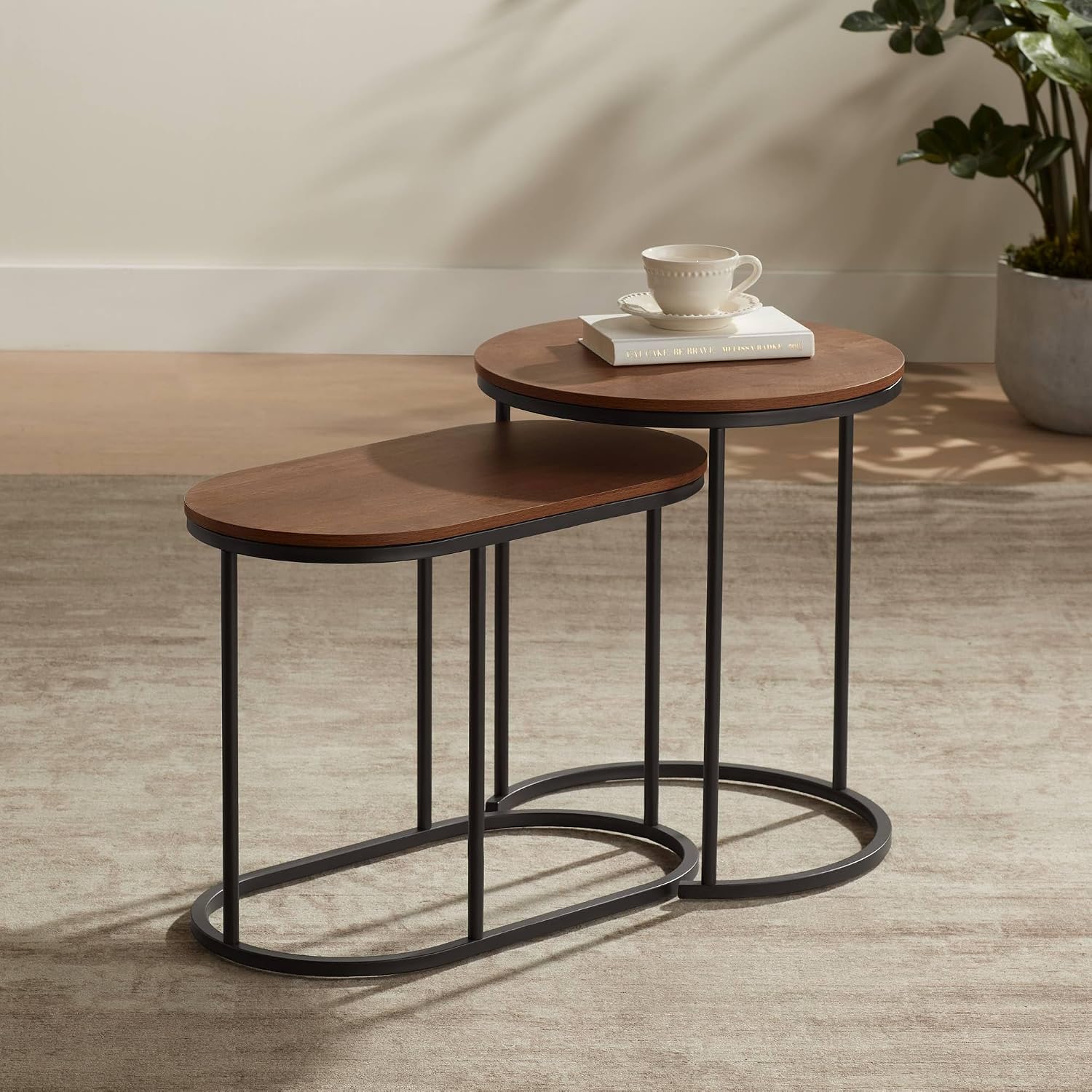 Studio 55D Santa Maria Modern Industrial Set of 2 Small Walnut Round Circle Oval Nesting Wood Black Metal Frame Accent Coffee Couch Side End Tables Living Room Decor Furniture Bedroom Home Office