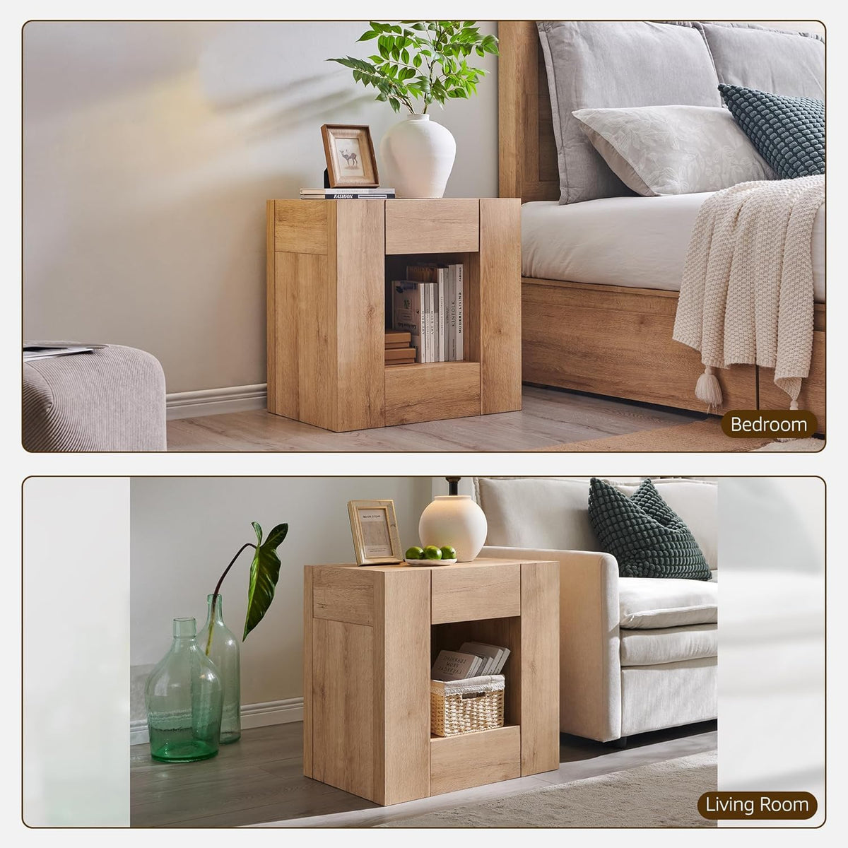 OKD 24'' Modern Nightstands Set of 2, Large End Table with Charging Station & Drawer Storage, Rustic Bedside Table for Bedroom, Living Room, Wood Thick Design, Natural Oak