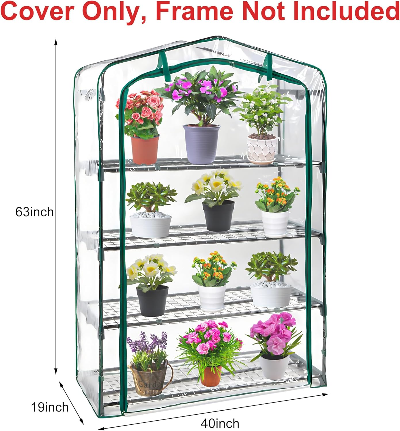 DECOHS Extra Wide 4 Tier Greenhouse Replacement Cover- 63 x 40 x 19 Inch Clear PVC Plant Gardening Greenhouse Cover with Roll-Up Zipper Door for Gardening Plants Flowers (Frame Not Include)