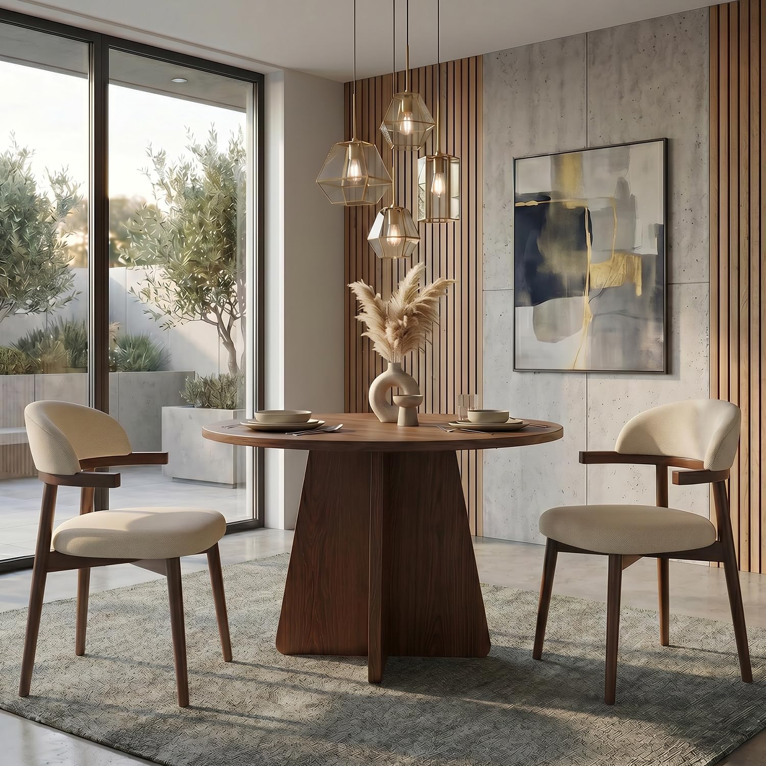 MOJAY Modern Wooden Dining Chairs Set of 2, Upholstered Kitchen Chairs with Unique Arm Design, Farmhouse Dining Room Chairs for Small Spaces & Apartments, Beige