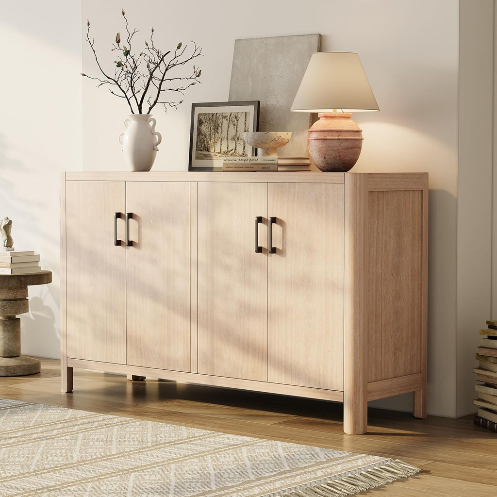 VilroCaz Farmhouse Wood 4-Door Cabinet Sideboard with Smooth Rounded Corners, Rustic Accent Entryway Console Table for Hallway Living Room Dining Room