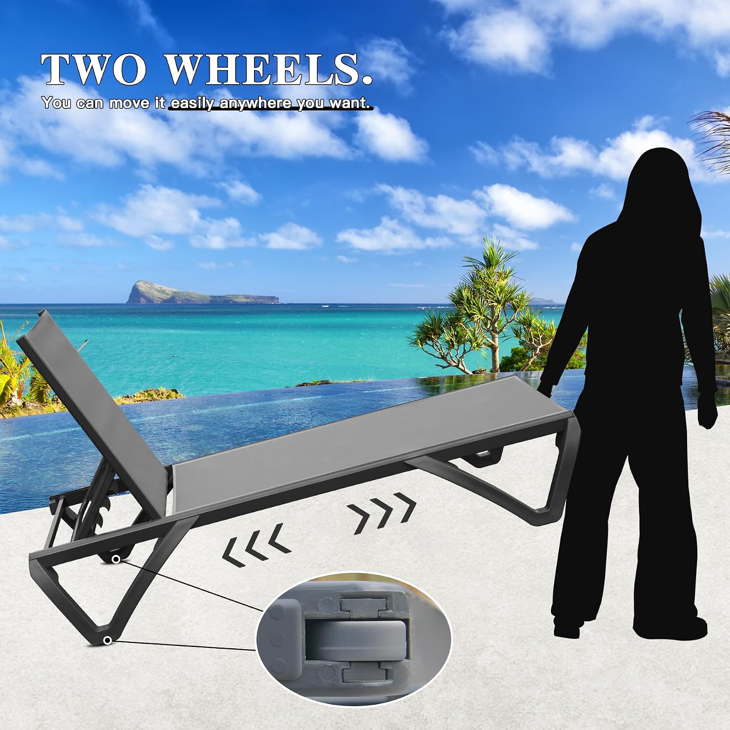Domi Aluminum Pool Lounge Chair Outdoor Set of 2 Chaise Lounge Outdoor | Gray, Side Table, Wheels, Adjustable, Textilene, All Weather, Poolside, Backyard, Patio, Deck, Outside