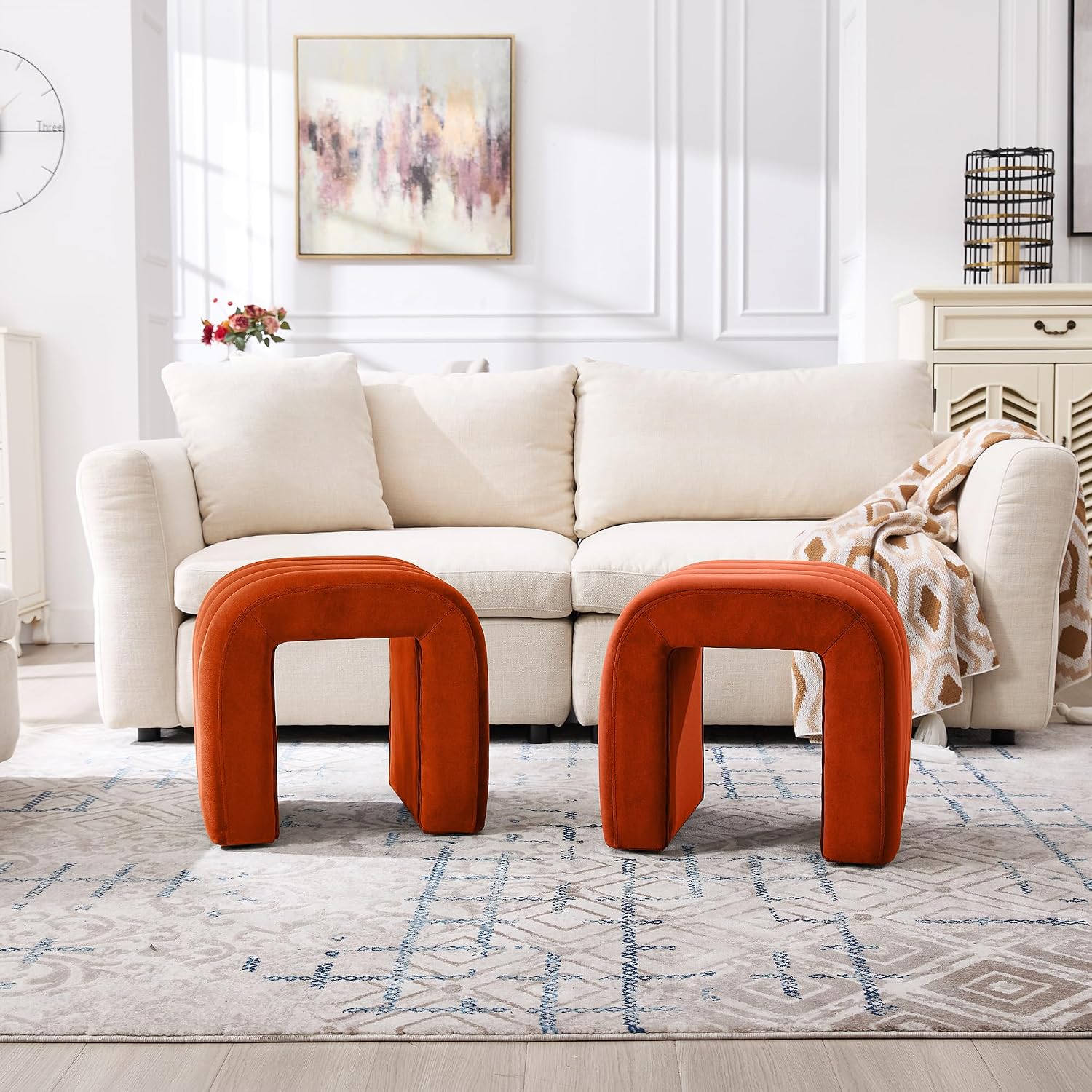 Multi-Functional Ottoman Stool Set of 2, Footrest for Couch, Modern Vanity Stool for Make-up Room, Living Room and Entryway, Small Cute Footstool (Rust Velvet)