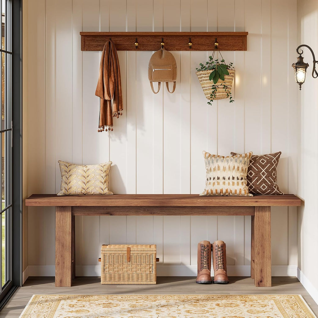 55" Solid Wood Entryway Bench, Farmhouse Long Wood Bench Dining Seat for Living Room, Kitchen, Hallway, Rustic Brown