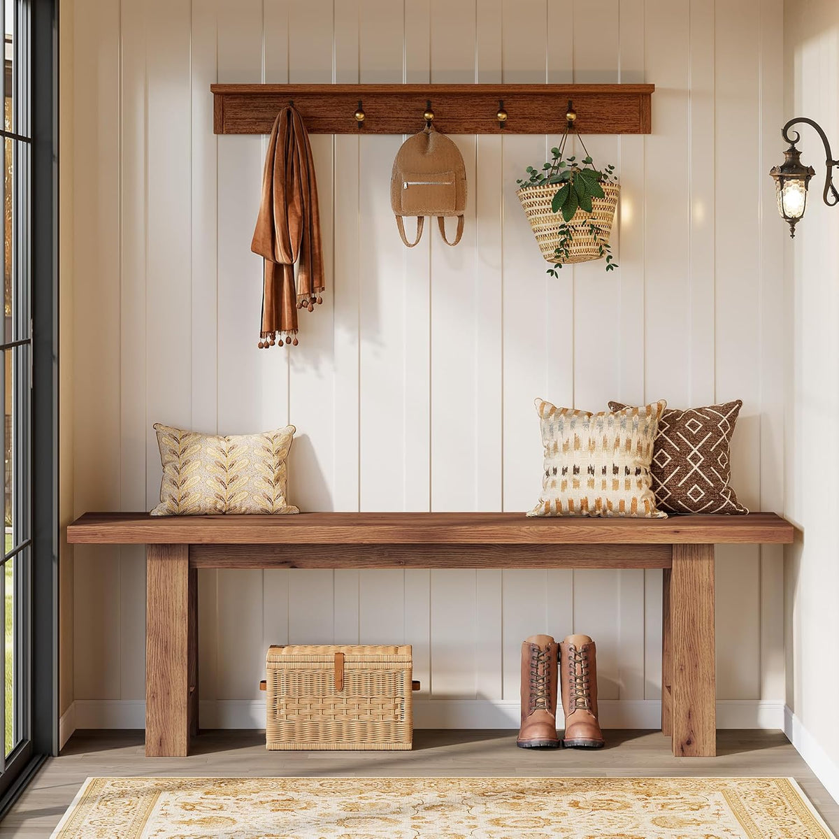 55" Solid Wood Entryway Bench, Farmhouse Long Wood Bench Dining Seat for Living Room, Kitchen, Hallway, Rustic Brown
