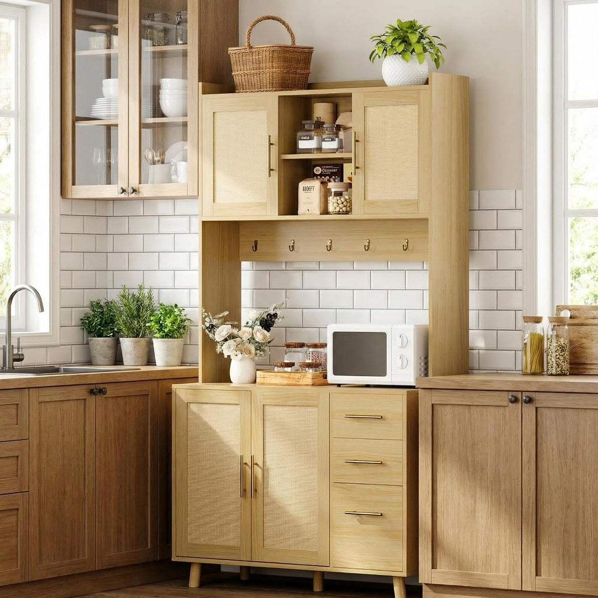 71" Tall Rattan Door Kitchen Pantry Cabinet, Freestanding Storage Hutch with 3 Drawers, 6 Hooks, Adjustable Shelves, Microwave Stand for Living Room, Kitchen