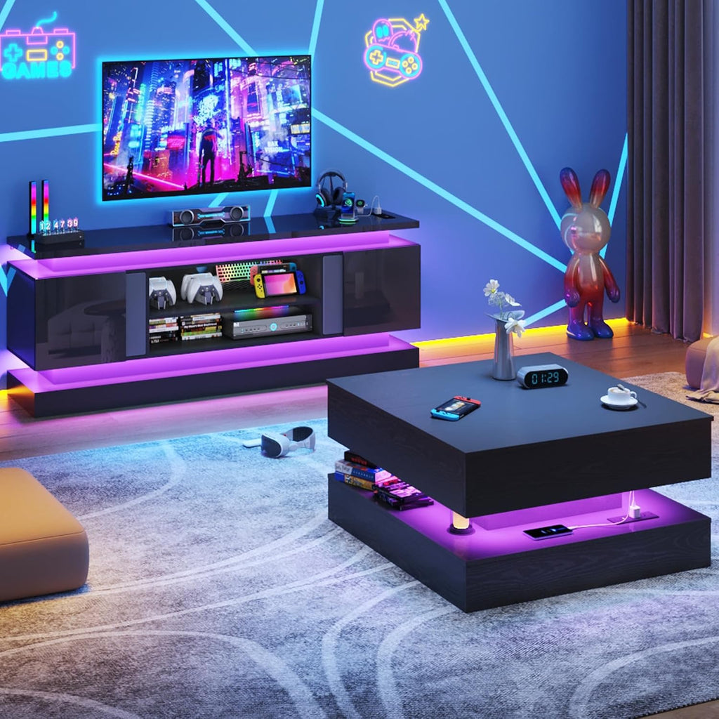 St.Mandyu 71" 2 LED TV Stand for TVs 85 inch,High Gloss Gaming Tall Entertainment Center w/Power Outlet,6000-Colors LED Lights,Modern TV Media Console Table with 2 Cabinets for Living Room,Black