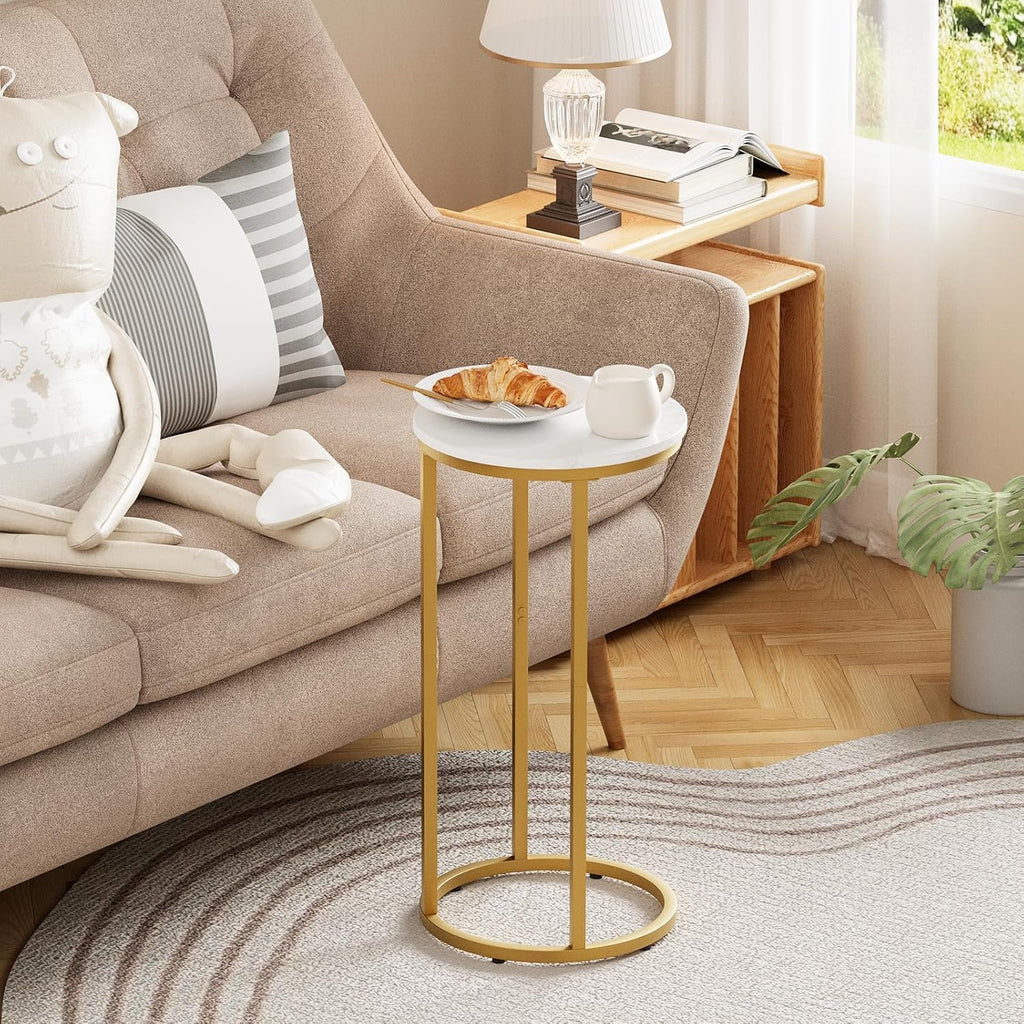 C Shaped End Table, Couch Side Tables for Living Room, Round Sofa End Table with Metal Frame, Small Wooden Snack Table for Bedroom, Small Spaces, Easy Assembly (Gold,2pcs)
