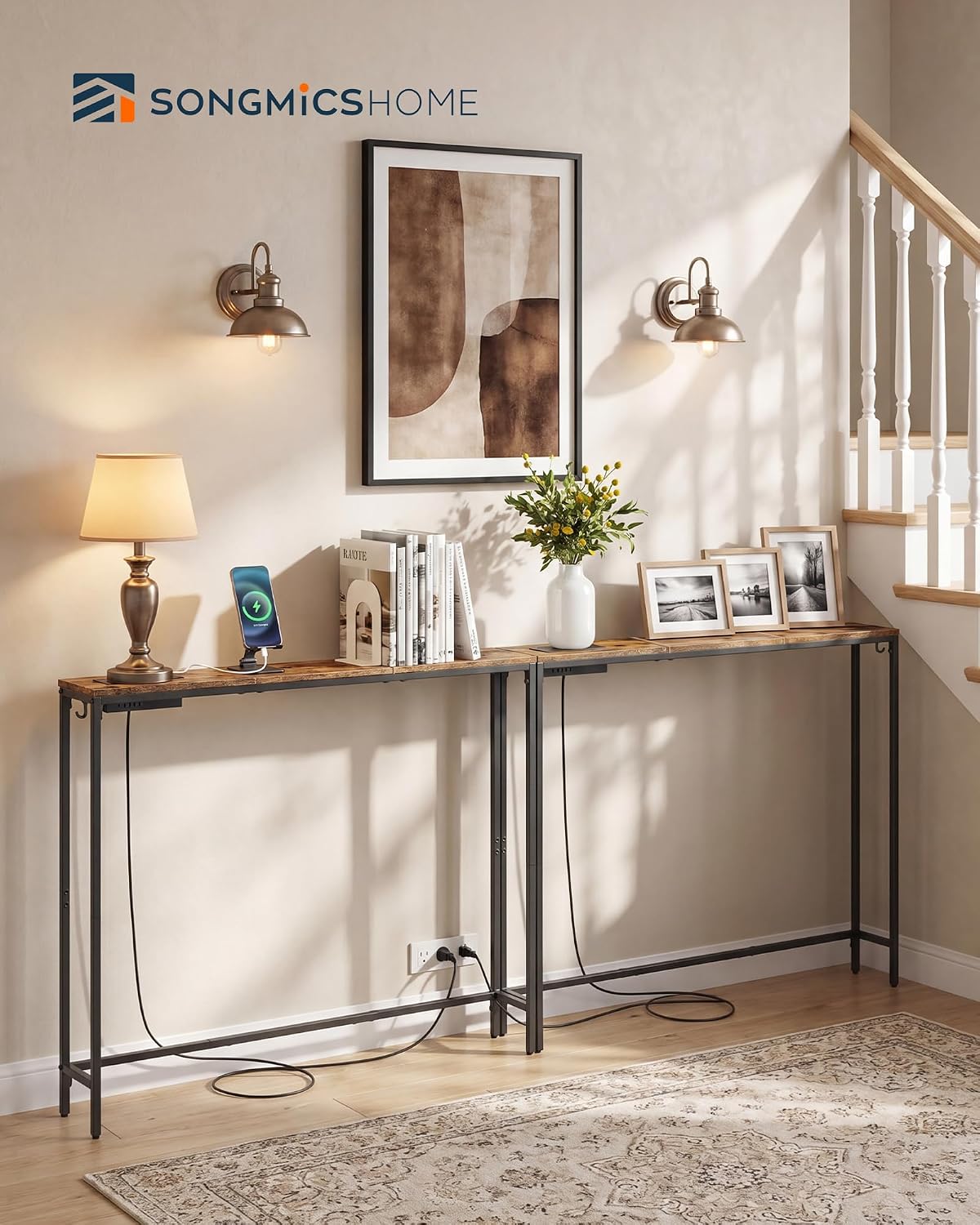 SONGMICS HOME Narrow Console Tables with Integrated Tabletops, Behind Couch Table with Power Outlets, for Entryway, Living Room, 78.9 Inches, Rustic Brown