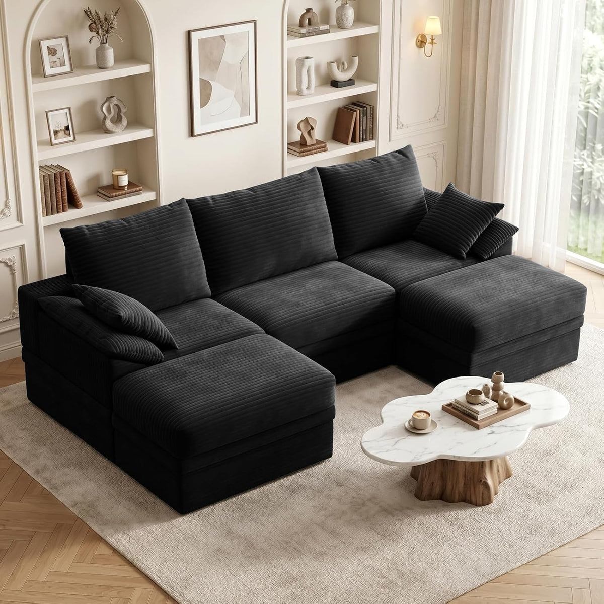 107" Modular Sectional Sofa Couch with Storage,U-Shape 3 Seat Comfy Modern Cloud Couch Sofa with Ottoman, 27" Deep Seat Corduroy Sofa for Living Room, Tool-Free Assembly - Black