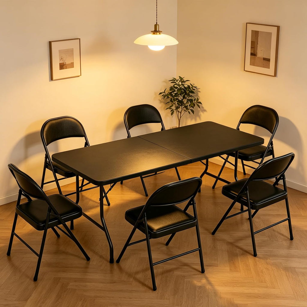 Folding Dining Table Set, 6FT Foldable Plastic Table with Carrying Handle & 6 PU Leather Padded Folding Chairs, Portable Table and Chairs Set for Indoor Outdoor Party Wedding Picnic Event