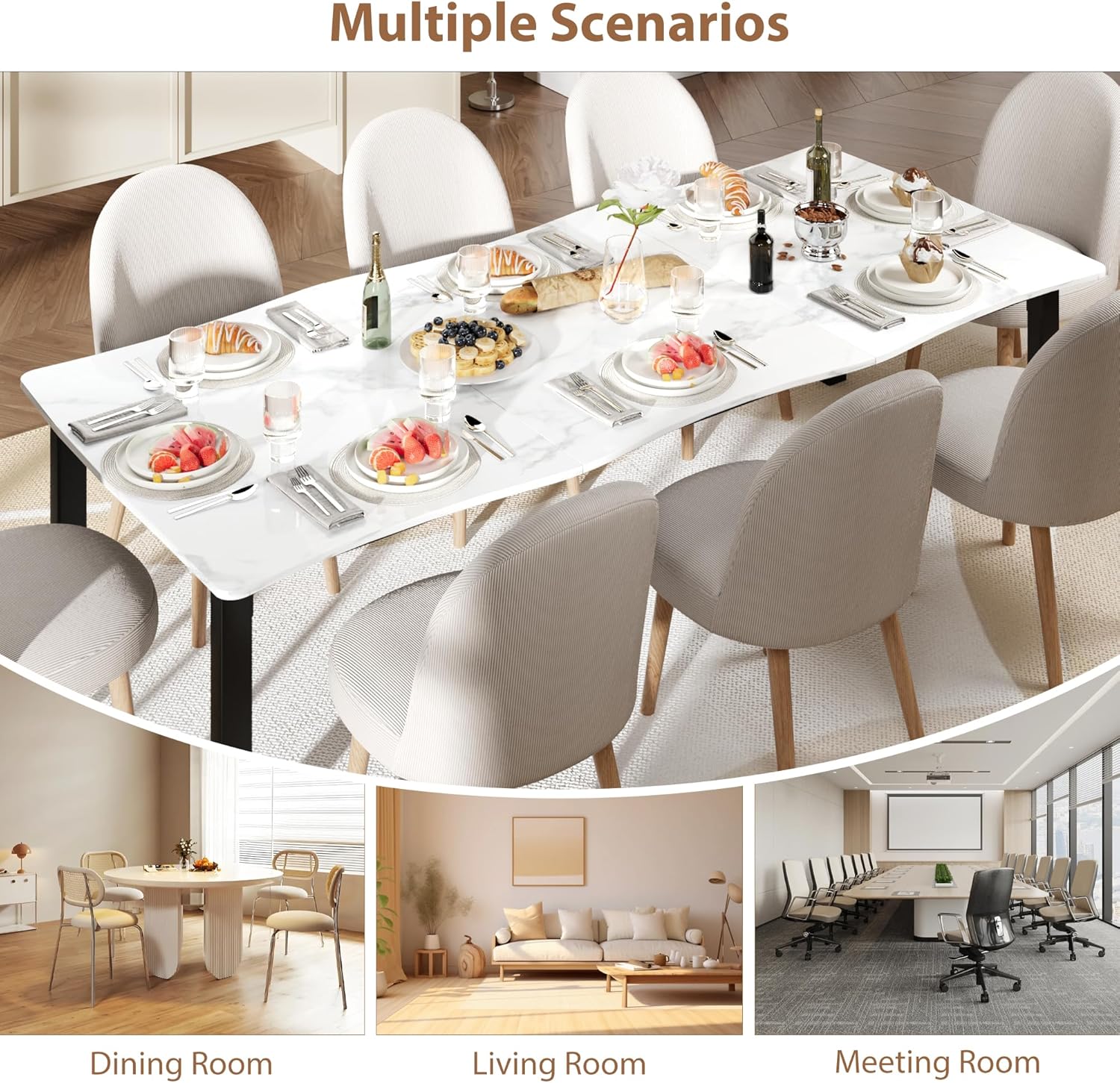 IDEALHOUSE Dining Room Table for 6-8 People, 79”Dining Table, Kitchen Table with Iron Legs and Irregular Desktop, Quick Assembly, 300 Lbs Capacity, for Kitchen, Living Room, Marble(Only Table)