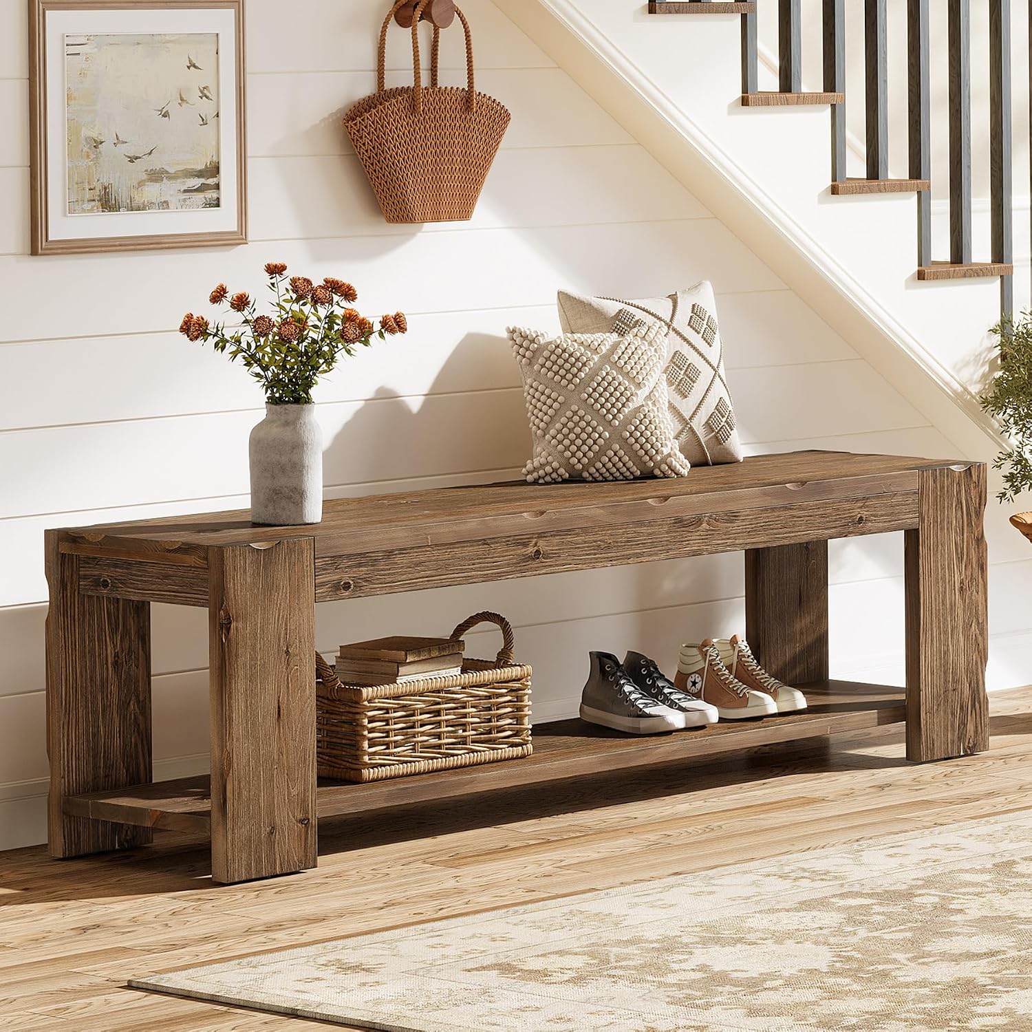 Solid Wood Entryway Bench with Storage Shelf, 55.12-Inch 2-Tier Wood Shoe Bench Seating for Entrance, Hallway, Dining Room, Living Room, Mudroom, Bedroom, Rustic Brown