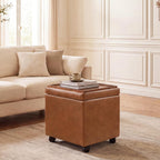 15 inch Square Storage Ottoman with Wheels and Tray Lid, Faux Leather Tufted Storage Cube Coffee Table, Movable Ottoman with Hidden Storage for Living Room, Bedroom